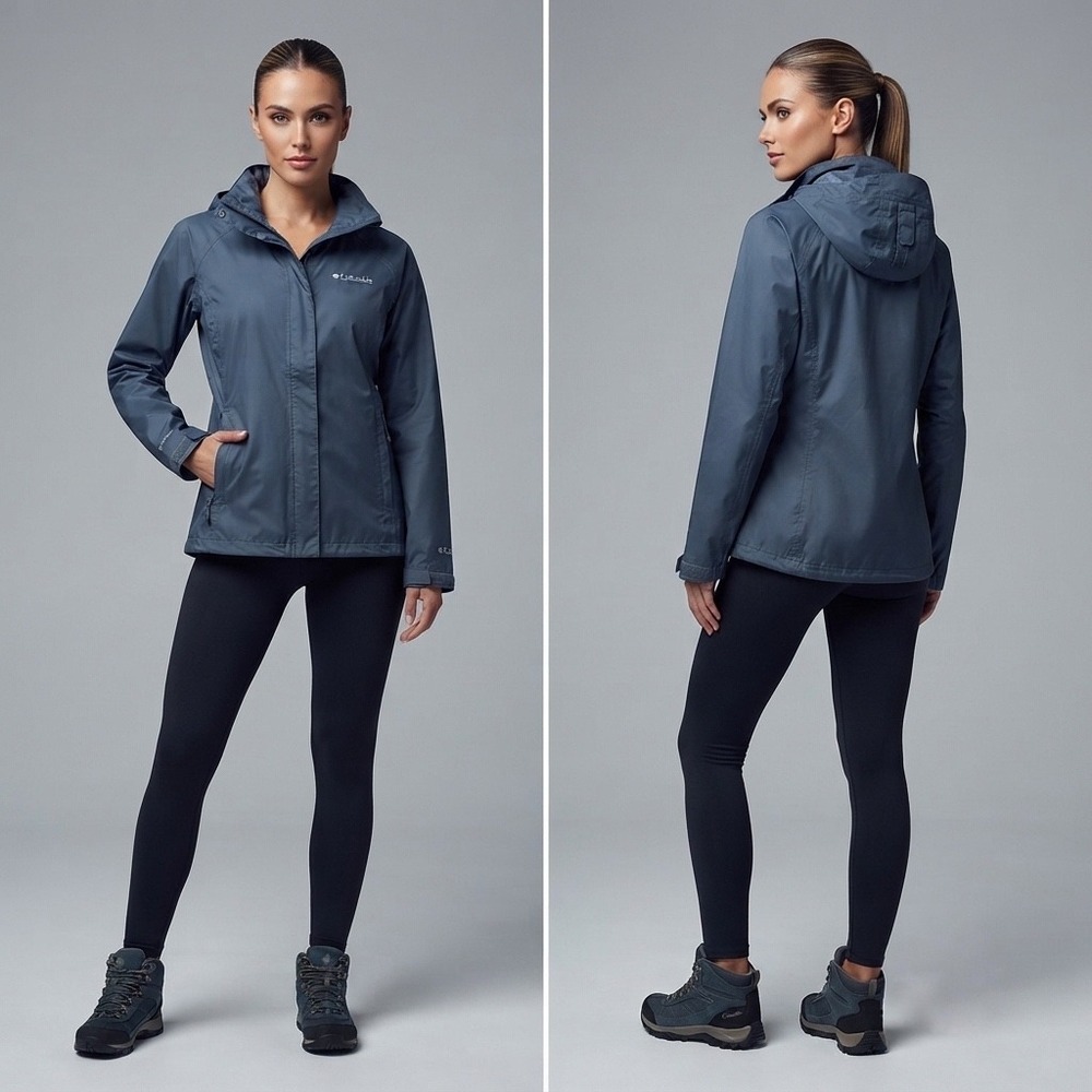 Columbia Womens Slate Blue Hooded Rain Jacket Mesh Lined Nylon Shell Large